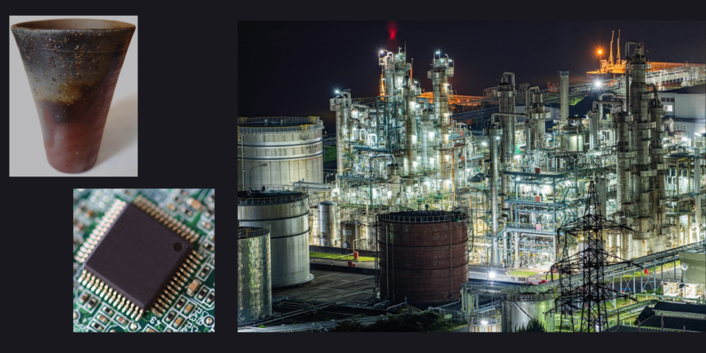窒化アルミニウム・アルミナ部材、半導体チップ、工場夜景を組み合わせた、高機能セラミックス展に関連する素材イメージ