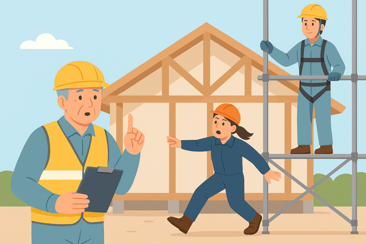 木造建築の現場で、安全管理者が指導し、女性作業者がバランスを崩し、足場上には安全帯を装着した作業員がいる様子を描いたイラスト